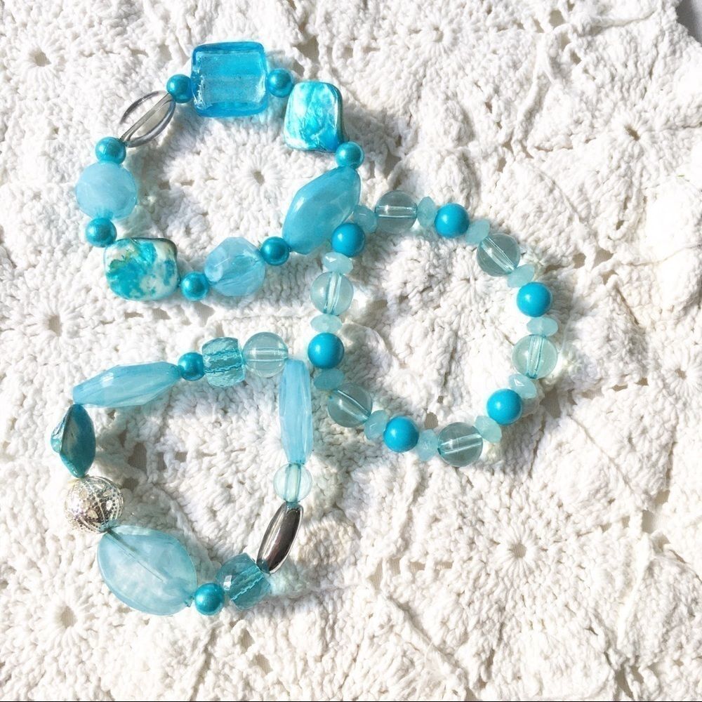 3 Blue Bead Stone Elastic Bracelets 3/$20